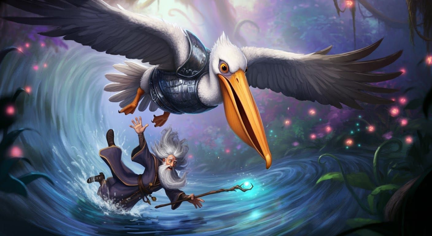 Pelican Knight Rescues Wizard in Enchanted Forest