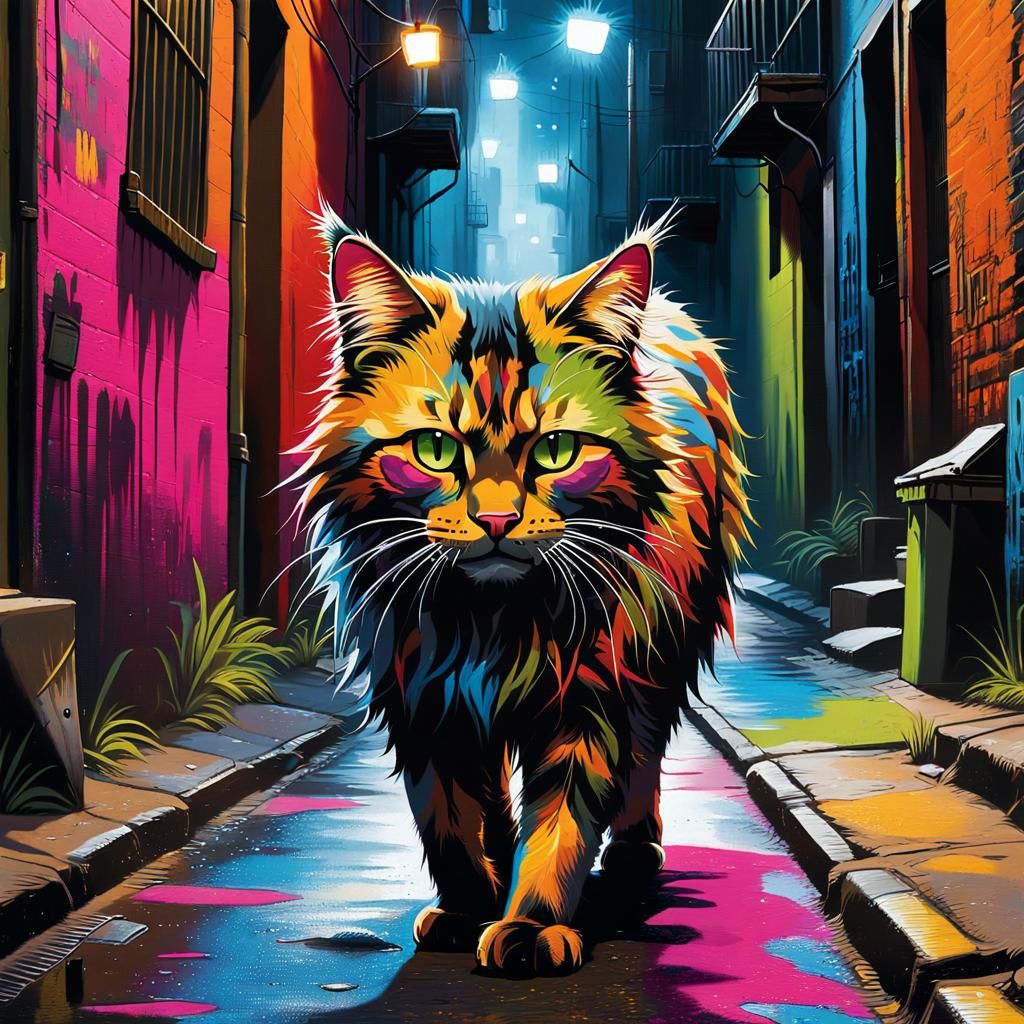 Gritty Alley Cat in Polychromatic Street Art Style
