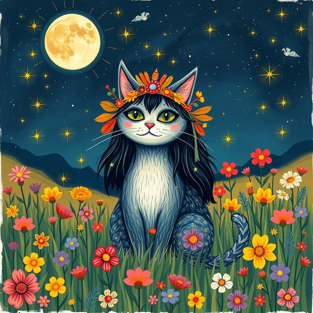 Enchanted Star Cat in Bohemian Folk Art Style
