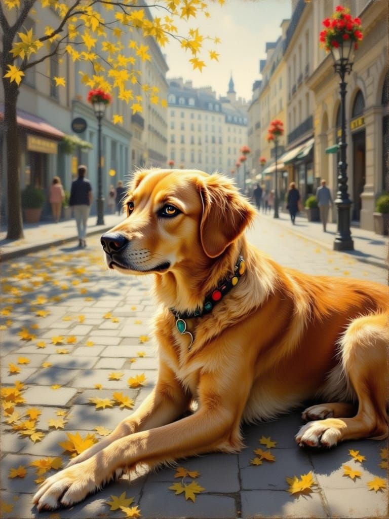 Golden Dog Resting Amidst Autumn Leaves
