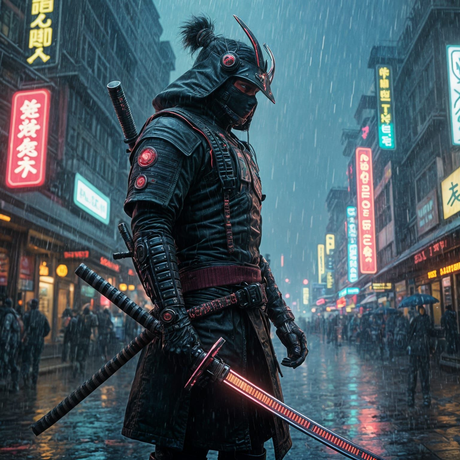 Cyberpunk Samurai in Neon Rainstorm