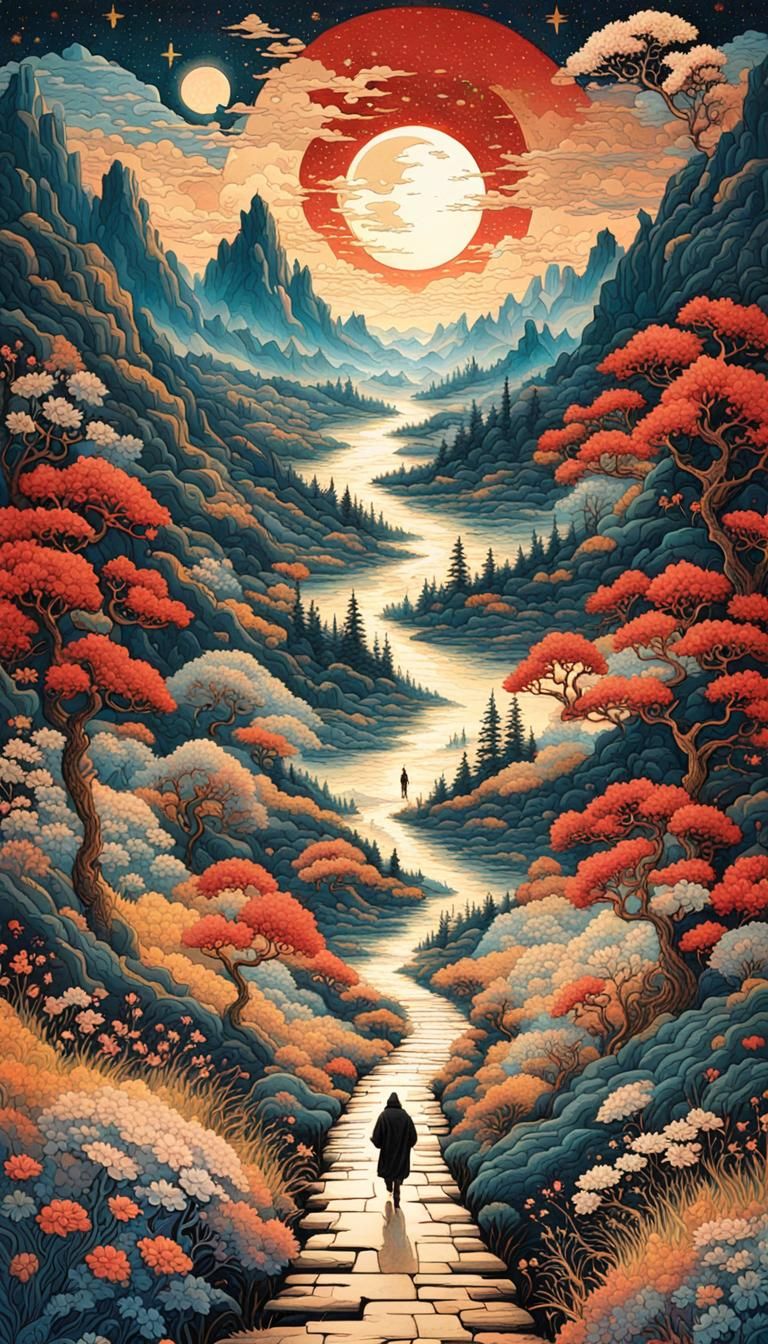Golden Path to Red Sky: Whimsical Chinese Art