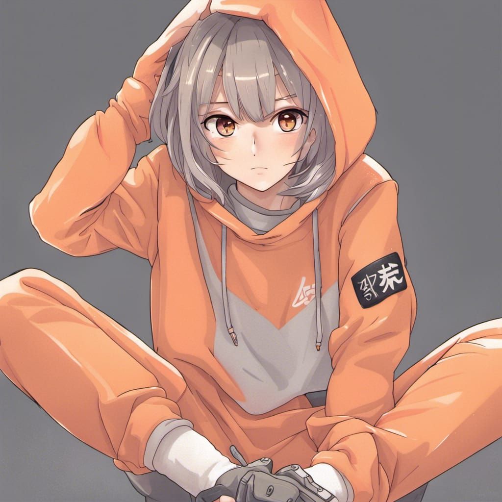Anime Style Girl in Orange Sweatshirt