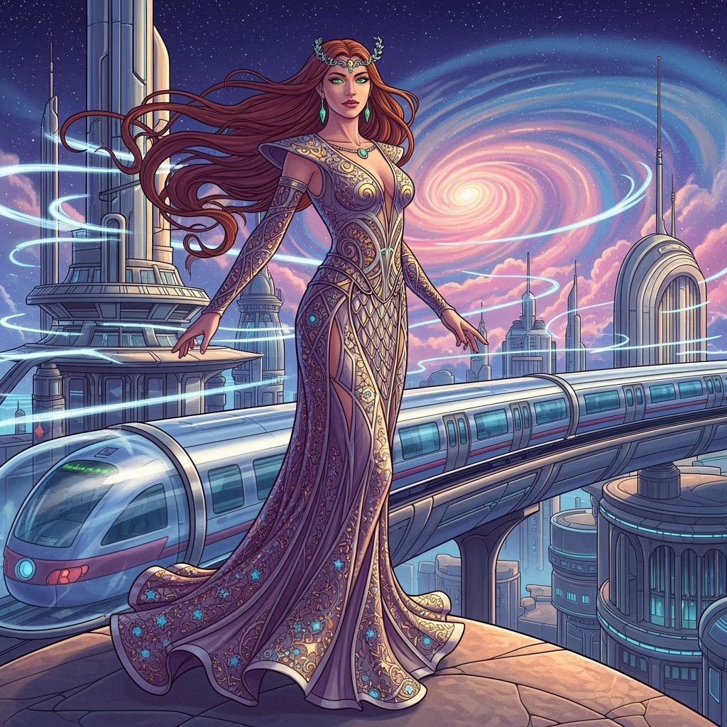 Celestial Woman Overlooking Iridescent Nebula in Art Nouveau...