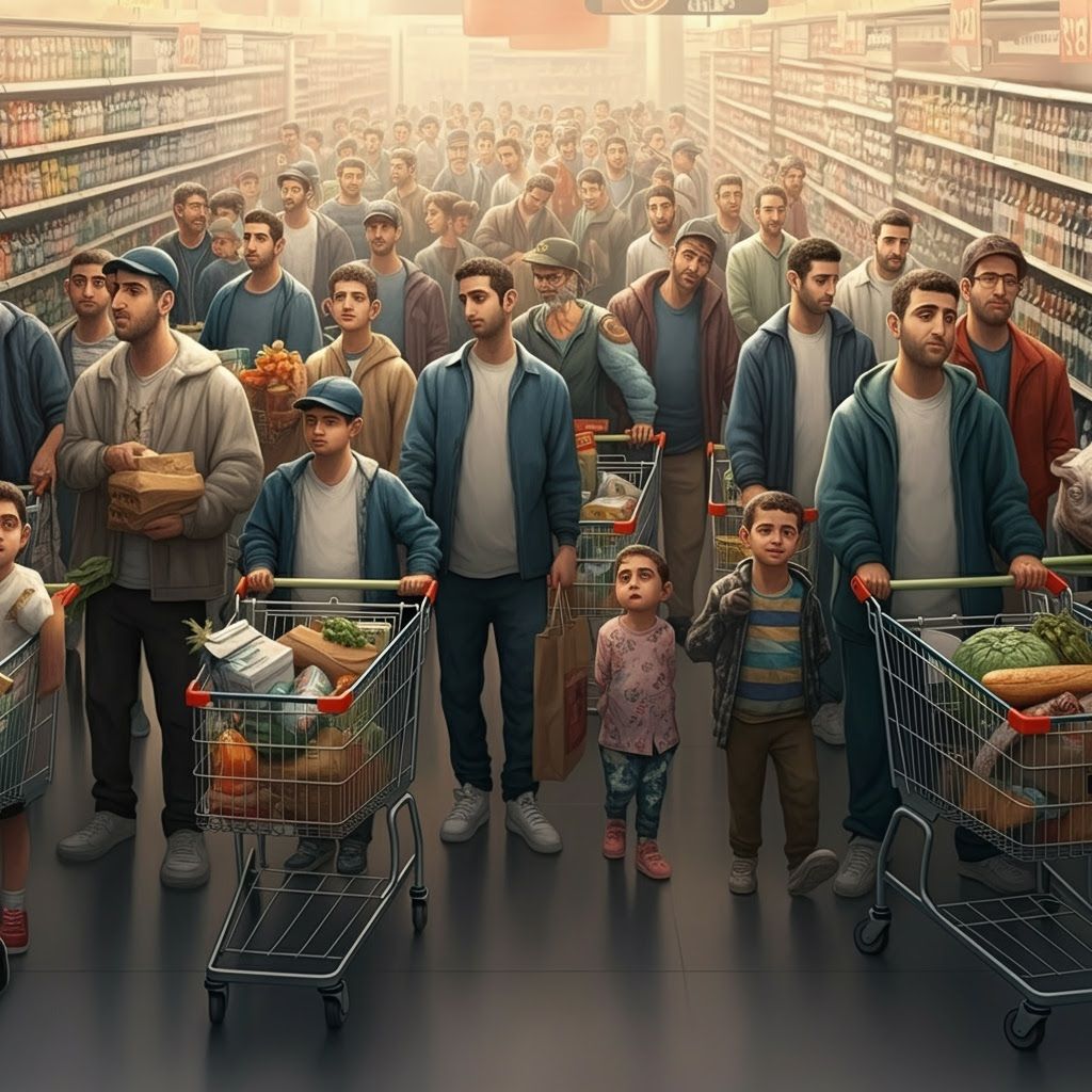 Realistic Digital Painting of Israeli Men in Supermarket Que...