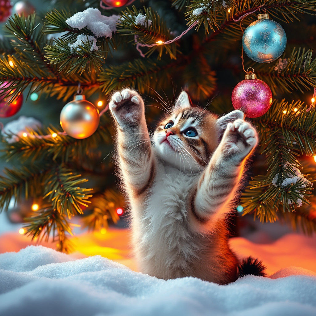 Playful Kitten in Winter Wonderland: Candy Art Baubles