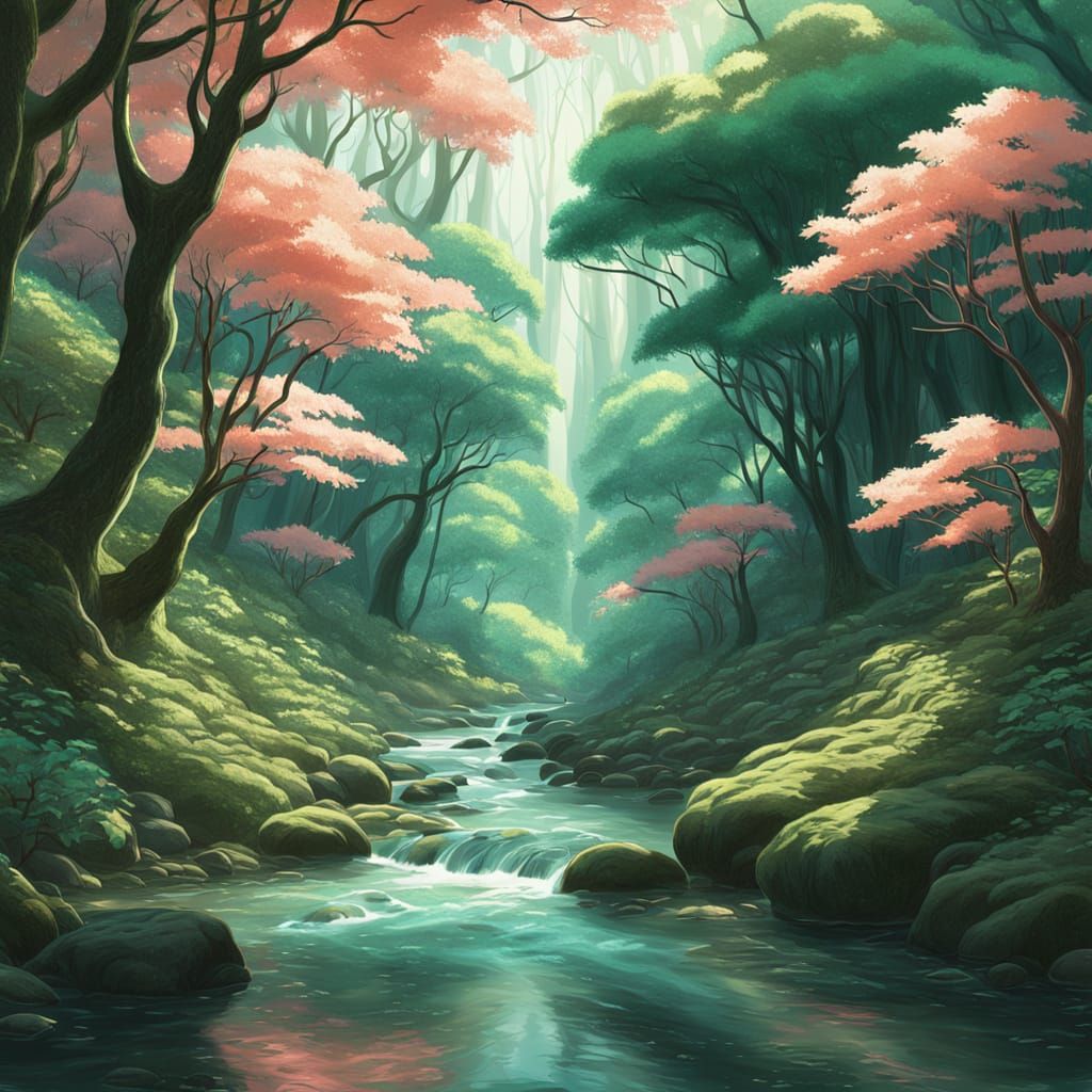 Ethereal Forest Stream in Studio Ghibli Style