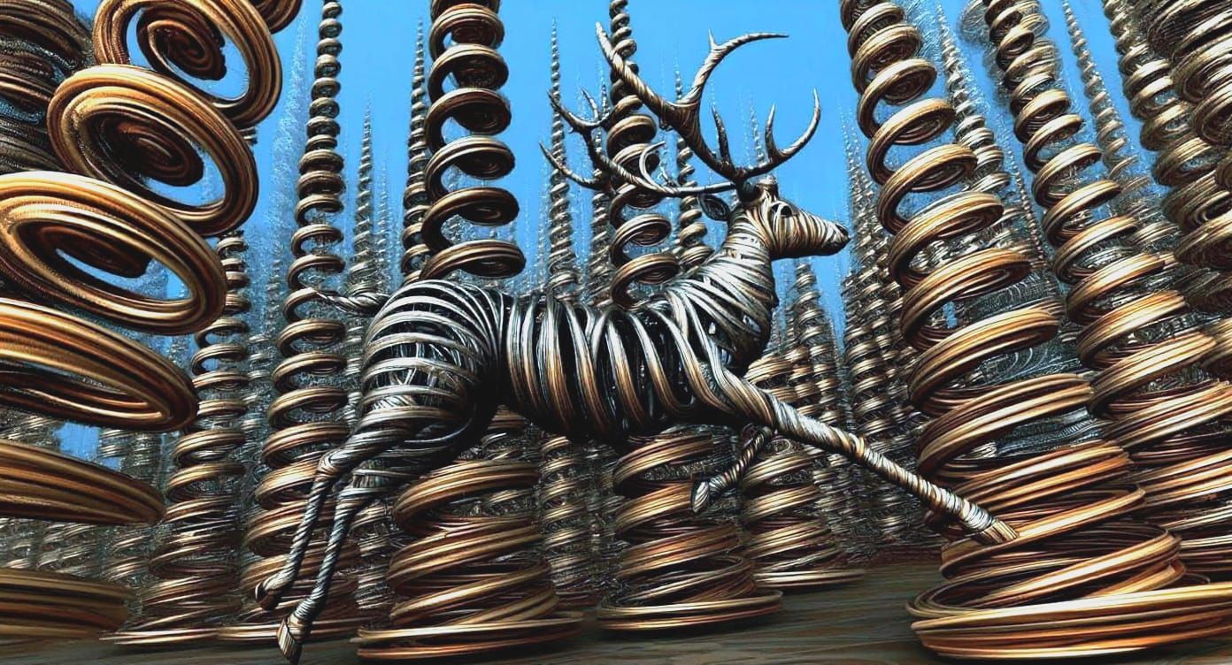 Abstract 3D Metal Deer in Surreal Forest