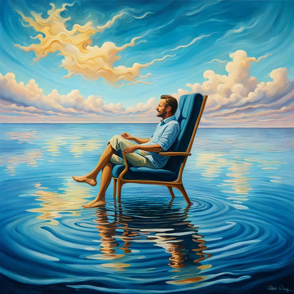 Surreal Seascape with Floating Figure in Oil