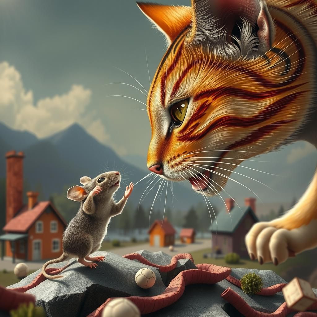 Distorted Cat Geometry Confronting Mouse, Rembrandt Style