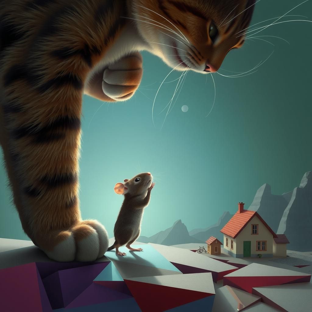 Distorted Cat and Mouse in Surreal Landscape