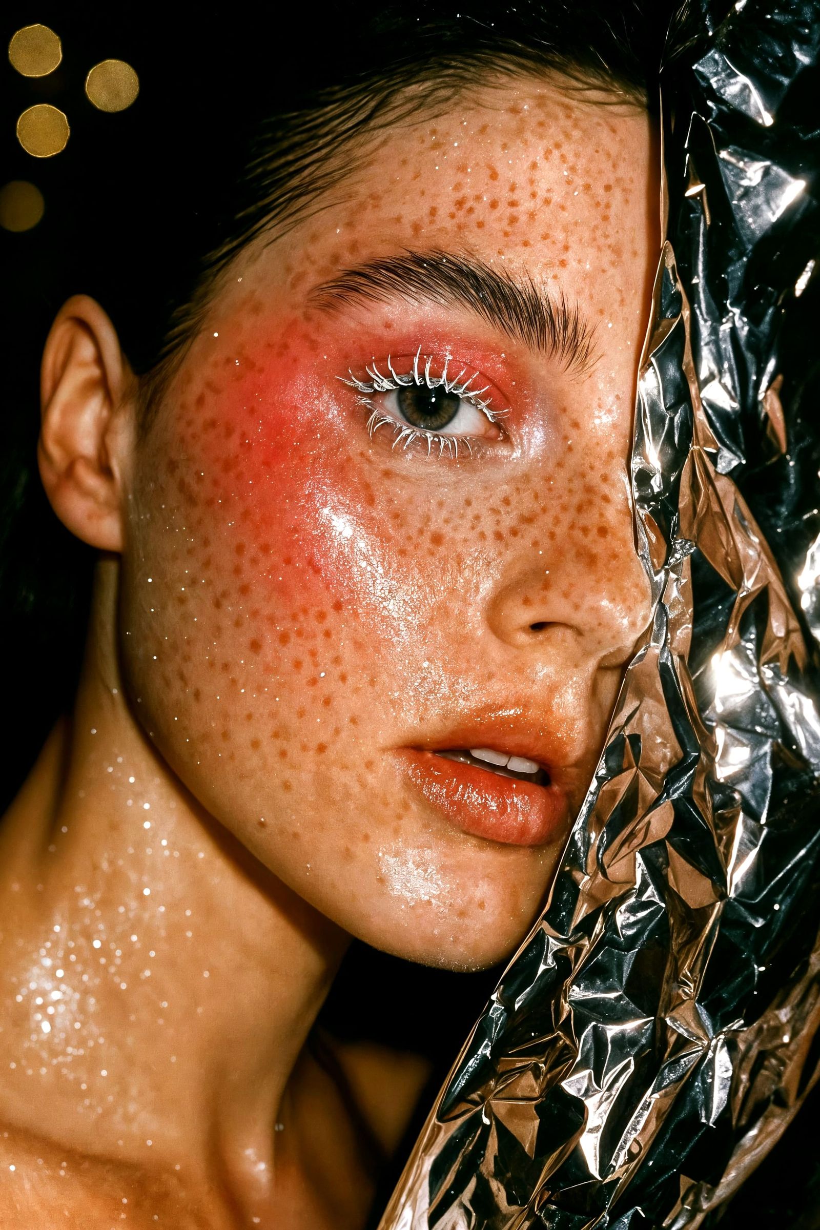 Freckled Model with Silver Foil, Analog Beauty Editorial
