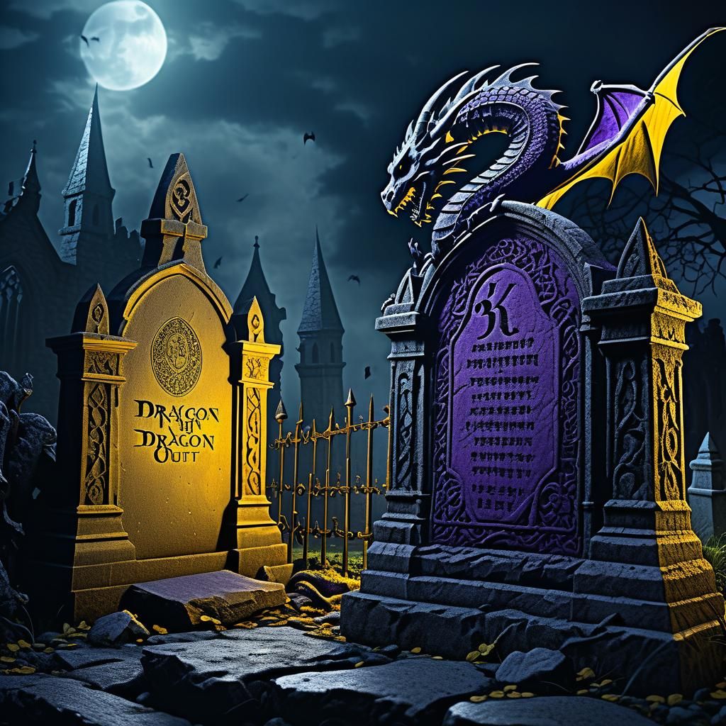 Eerie Graveyard with Dragon Gravestone in Dark Fantasy Style