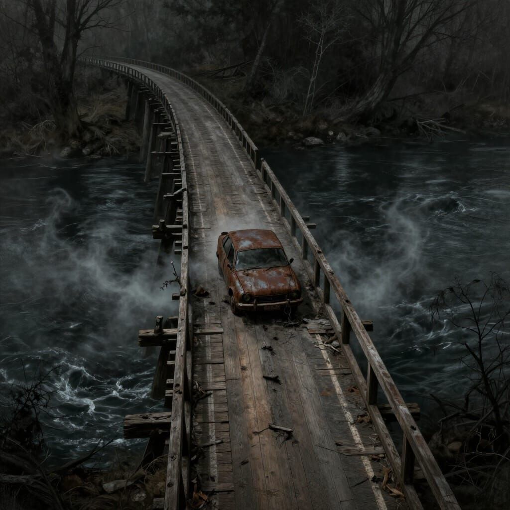 Gothic Horror Bridge With Rusted Car Over Dark River