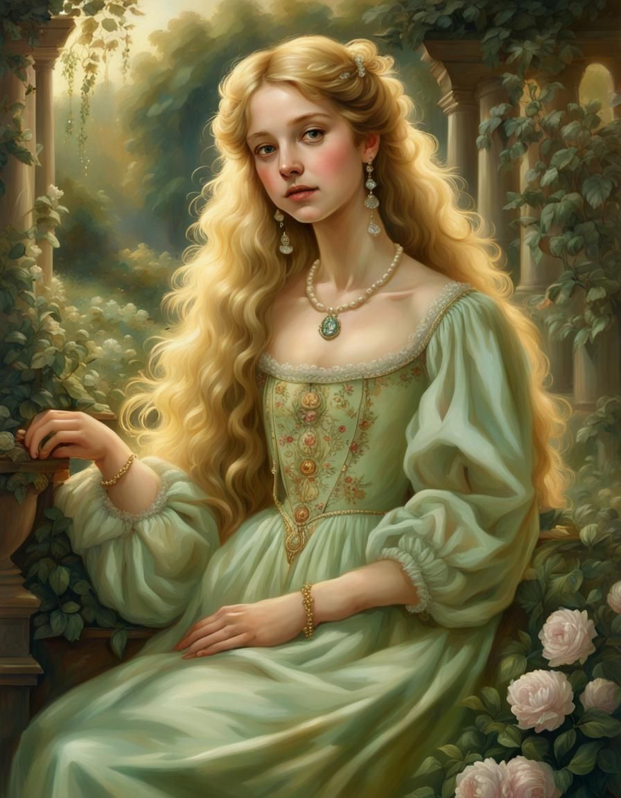 Renaissance Girl with Golden Hair in Garden Portrait