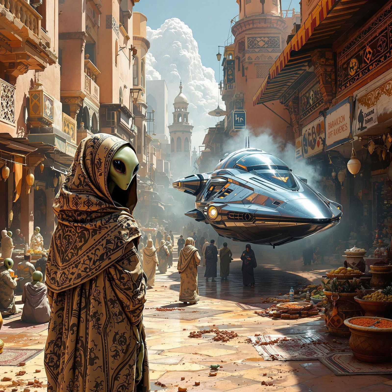 Alien Visitors in Vibrant Marrakech Marketplace