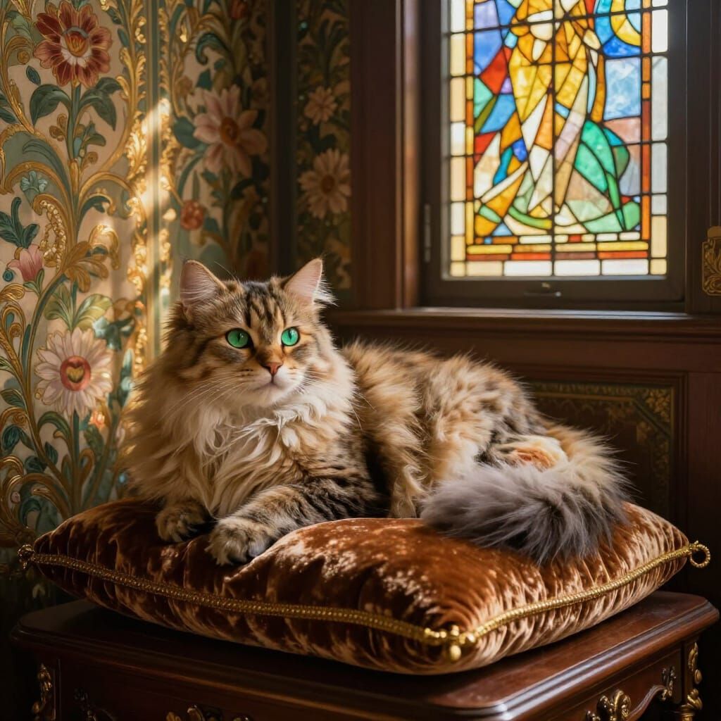 Fluffy Cat with Emerald Eyes in Art Nouveau Library