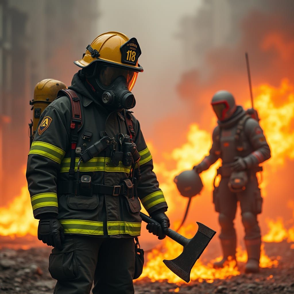 Firefighter in Flames with Gas Mask and Axe