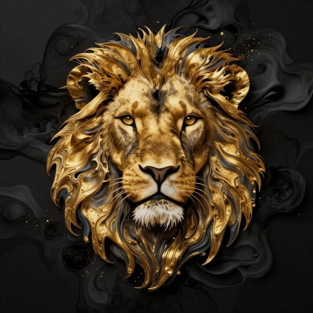 Lion Head Silhouette in Liquid Gold and Charcoal Ink