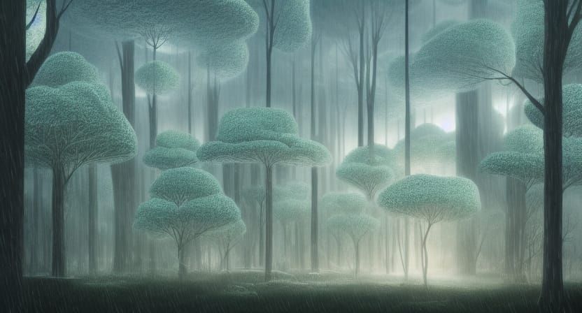 Raining Night in Giant Forest with White Sculpture