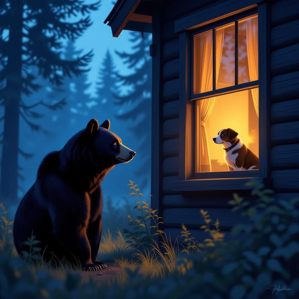 Bear and Dog Twilight Encounter in Forest Cabin