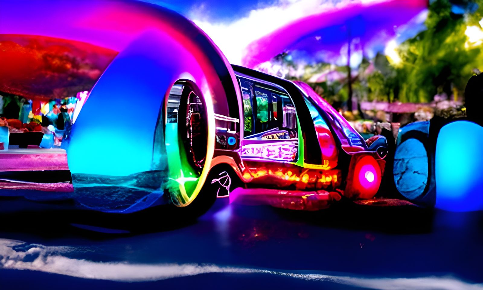 Futuristic Time Travel Vehicle in Neon Holographic Style