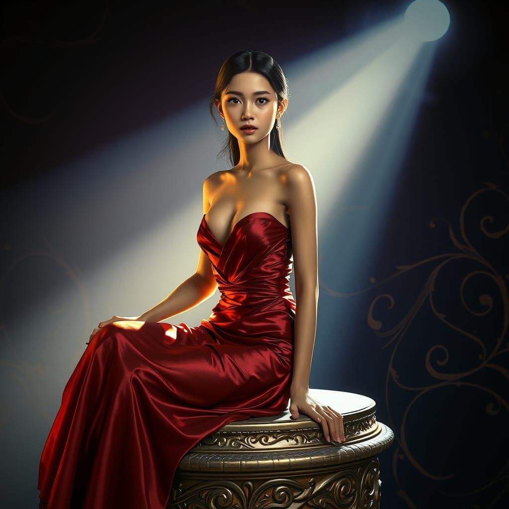 Elegant Thai Muse in Burgundy Lamé Dress