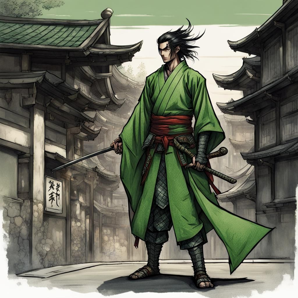 Half-Elf Samurai in Gritty, Hand-Drawn Style