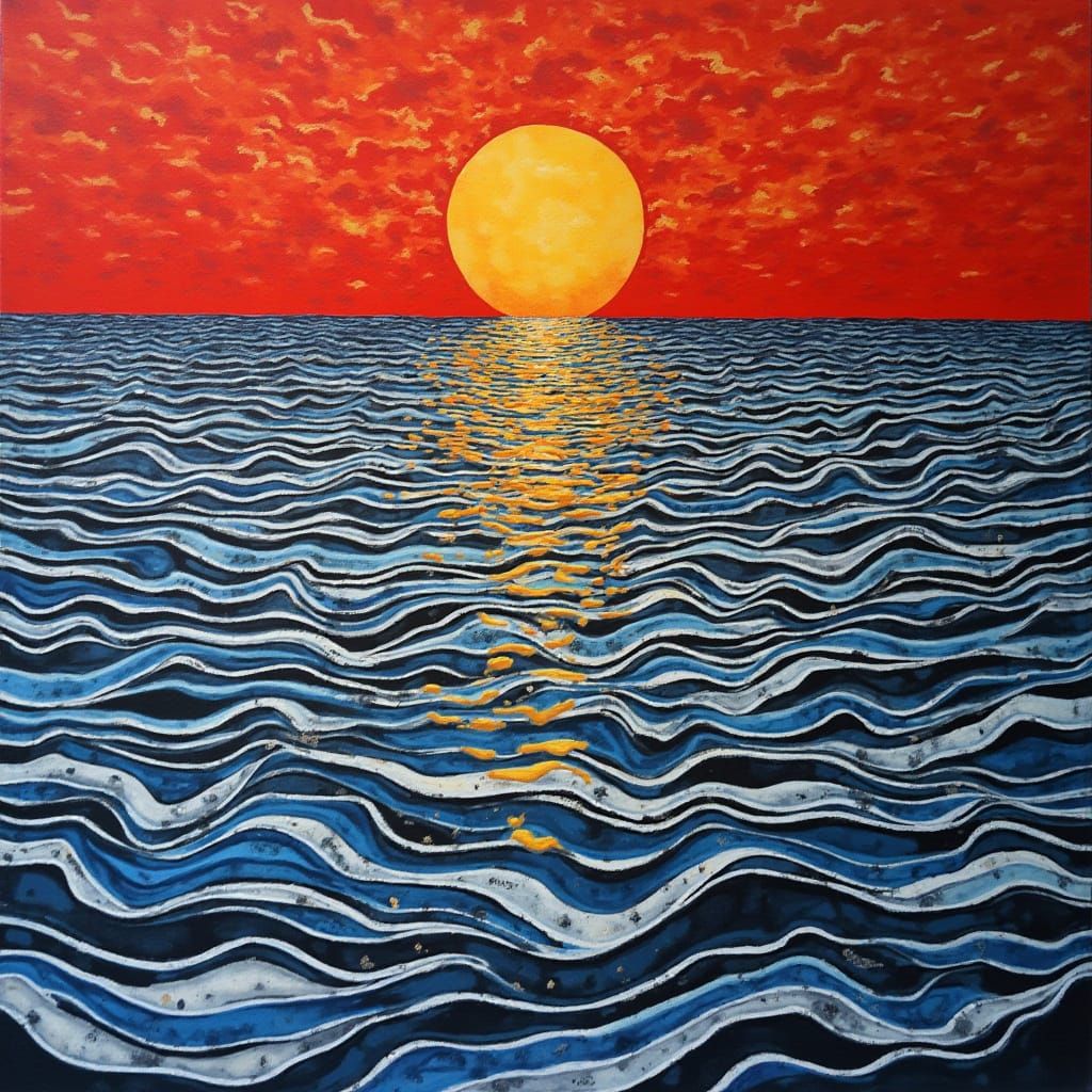 Geometric Beach Still Life in Vibrant Red and Blue