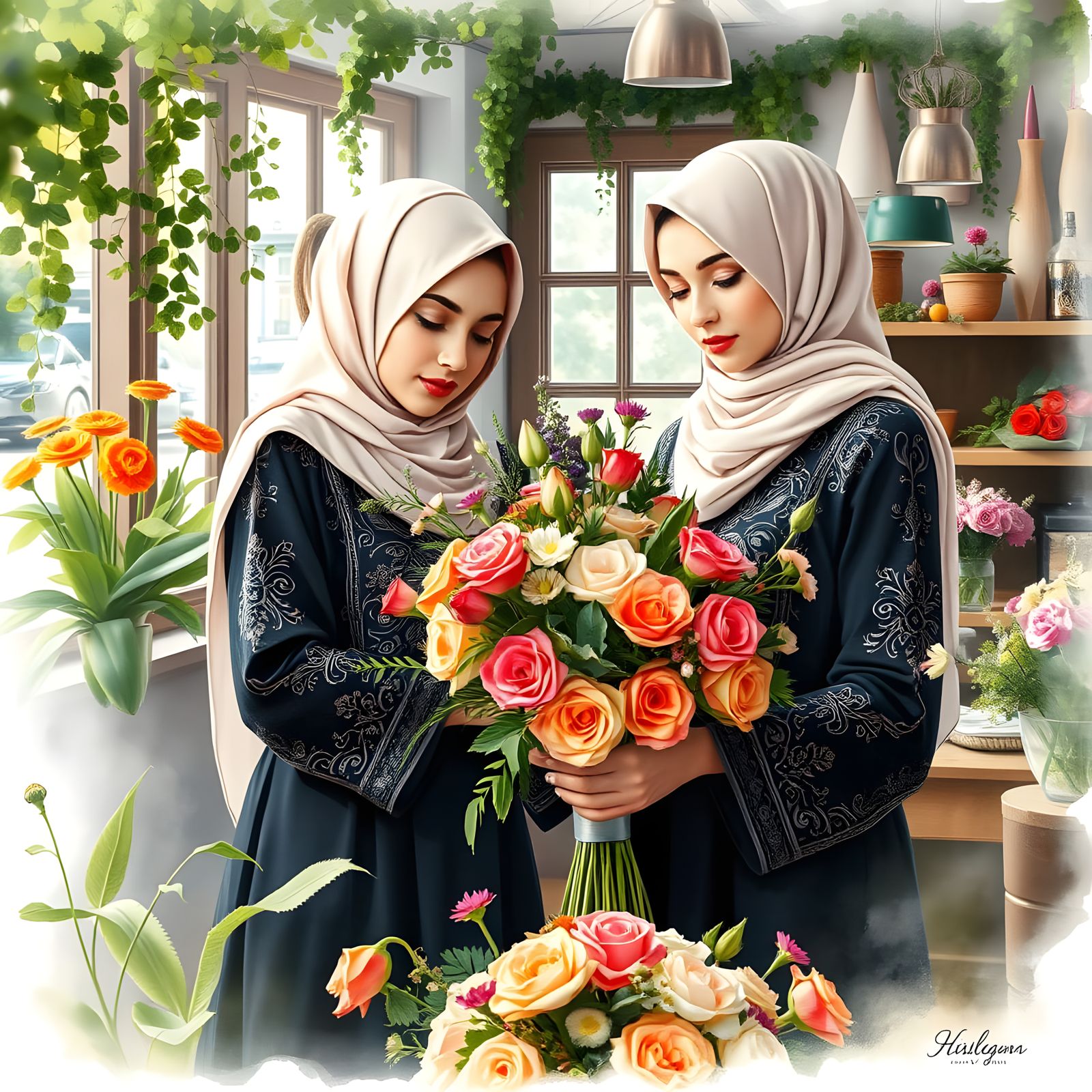 Elegant Hijab Ladies Arranging Bouquet in Watercolor Style