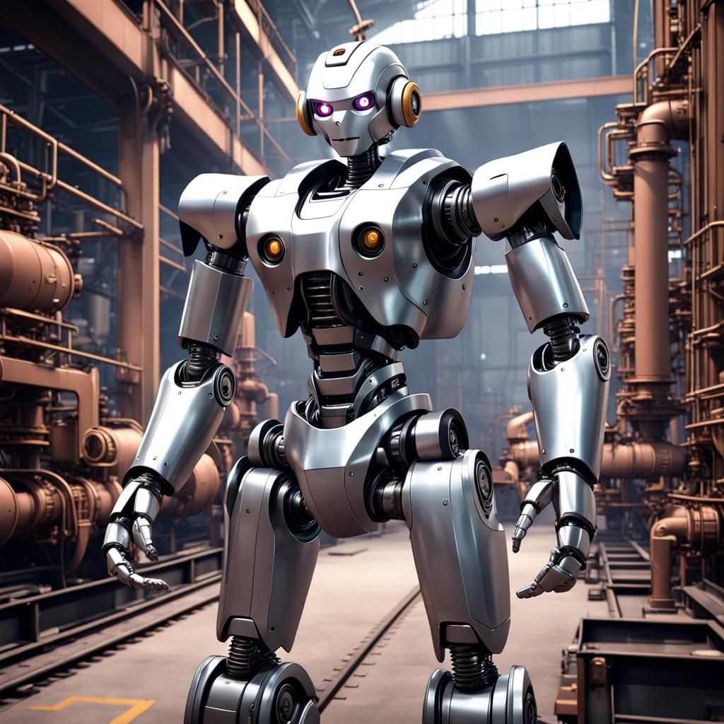 Anime Robot in Steel Factory: Photorealistic Industrial Edge