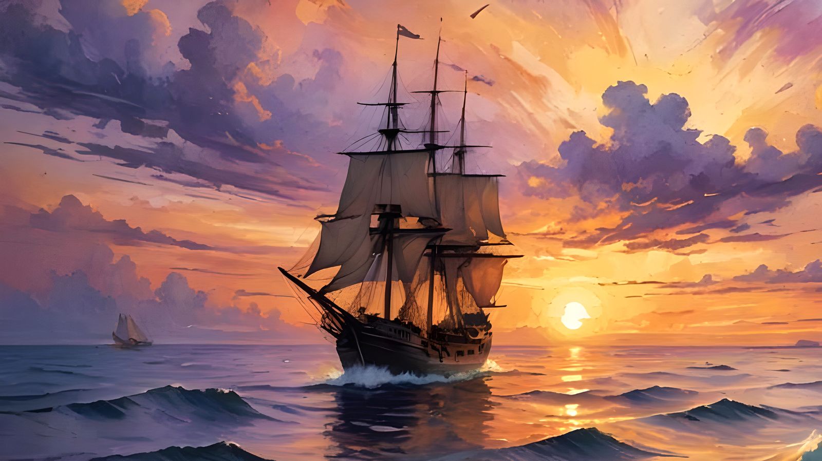 Dreamlike Brigantine Ship at Sunset: Digital Art