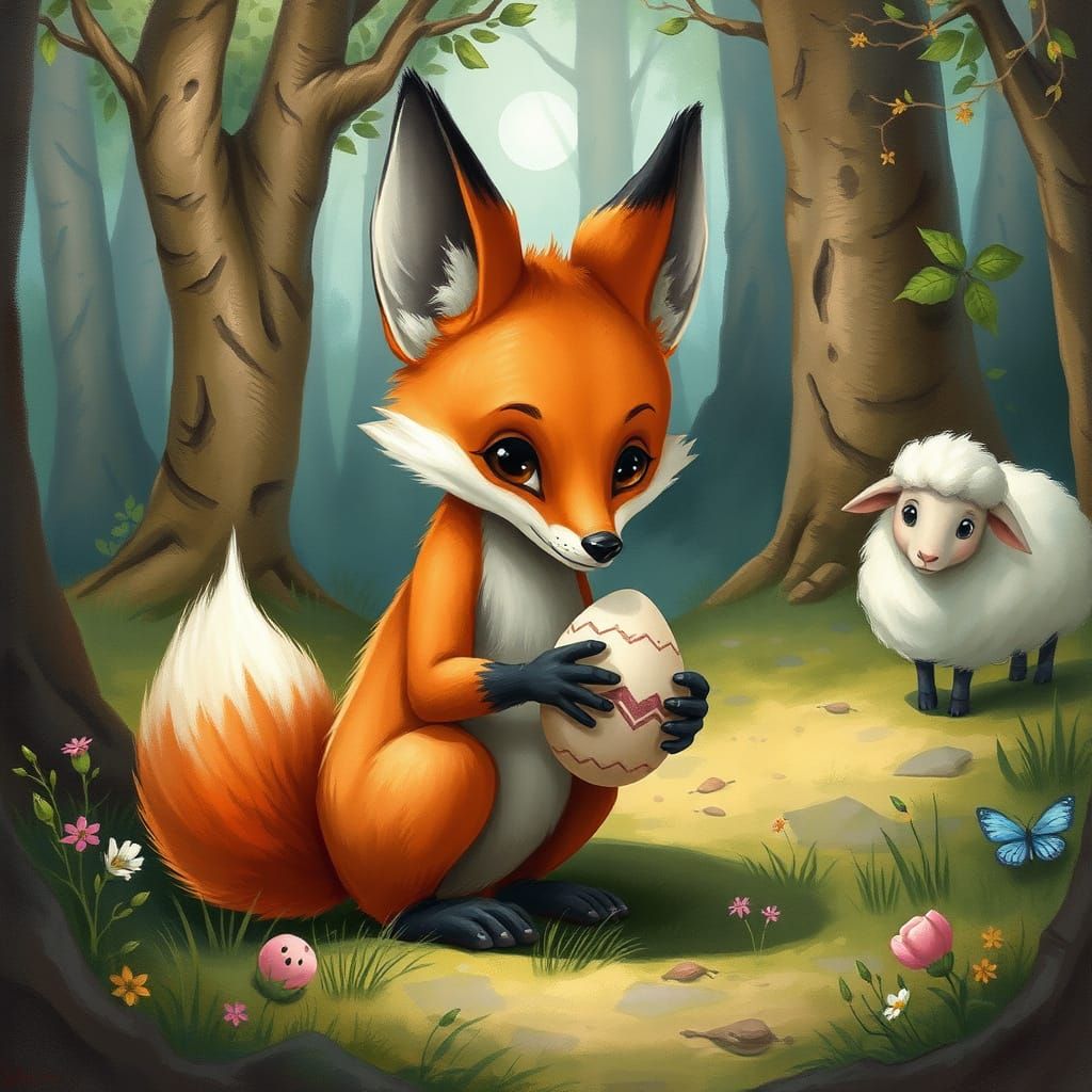 Fox Stealing Egg in Enchanted Forest, Watercolor and Oil