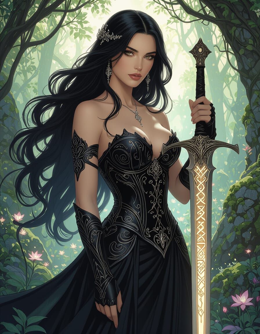 Enchanting Queen with Runic Sword in Art Nouveau Style