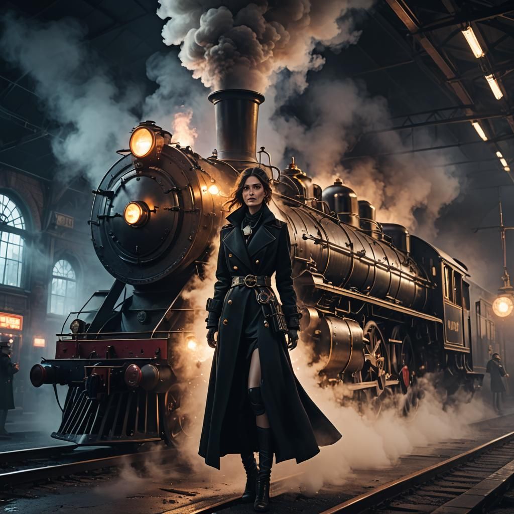 Steampunk Woman at Night Station with Locomotive
