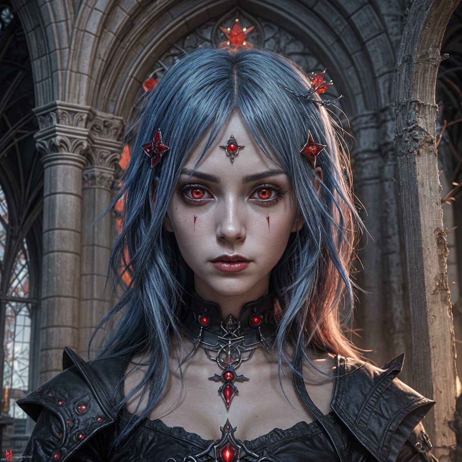 Anime Vampire Girl with Blue Hair in 3D