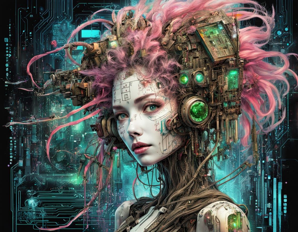 Cybernetic Woman with Circuit Board Face and Neon Noir Style