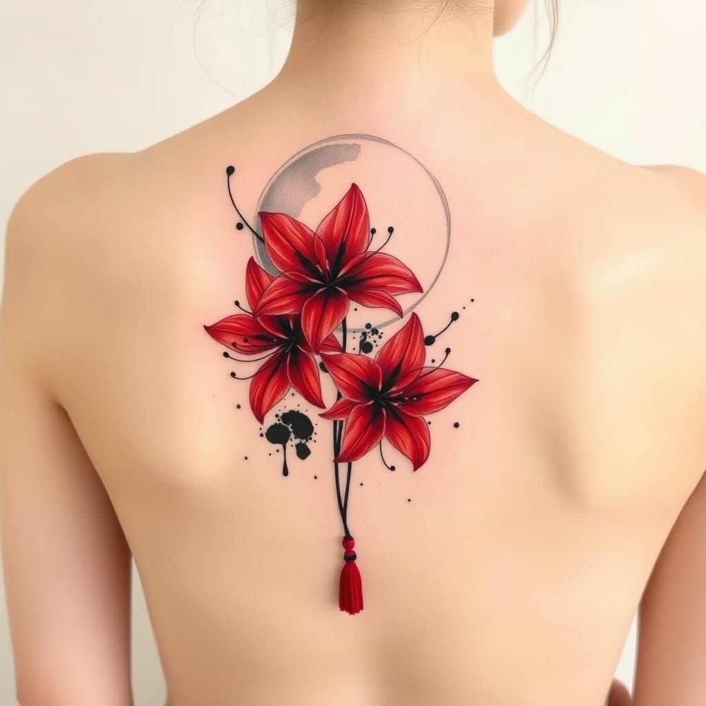 Ethereal Red Spider Lily Tattoo in Botanical Watercolor Styl...