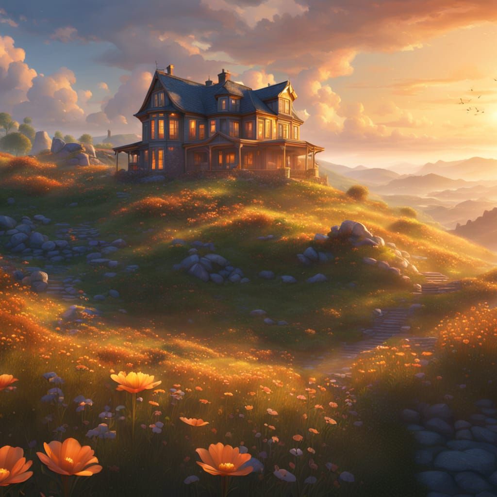 Fantasy House on Hill in Vibrant Oil Painting Style