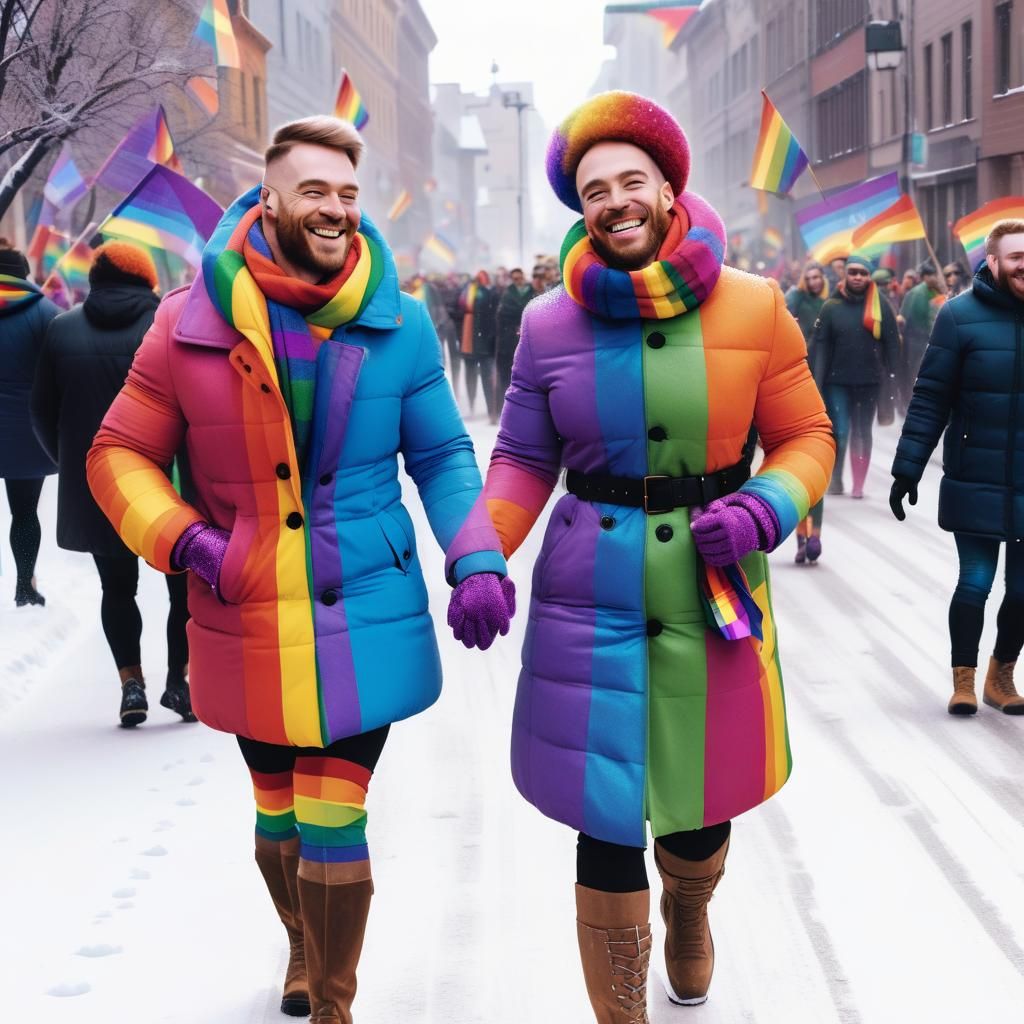 Colorful Winter Pride Parade with Rainbow Flags
