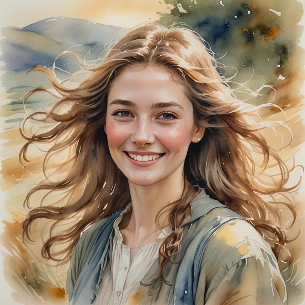 Watercolor Portrait of Smiling Woman in Potter Style