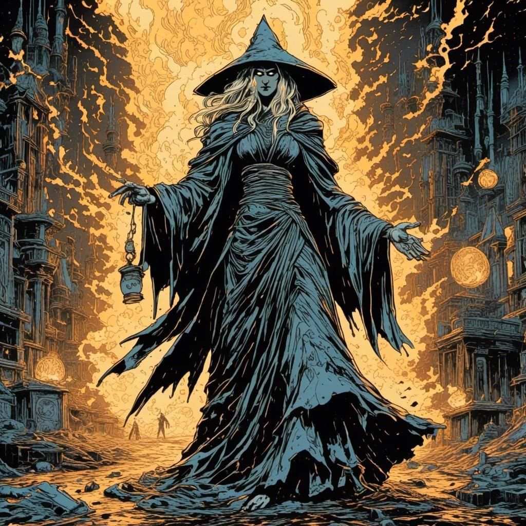 Merlin and Morgana: Wizard Battle in Linocut Style