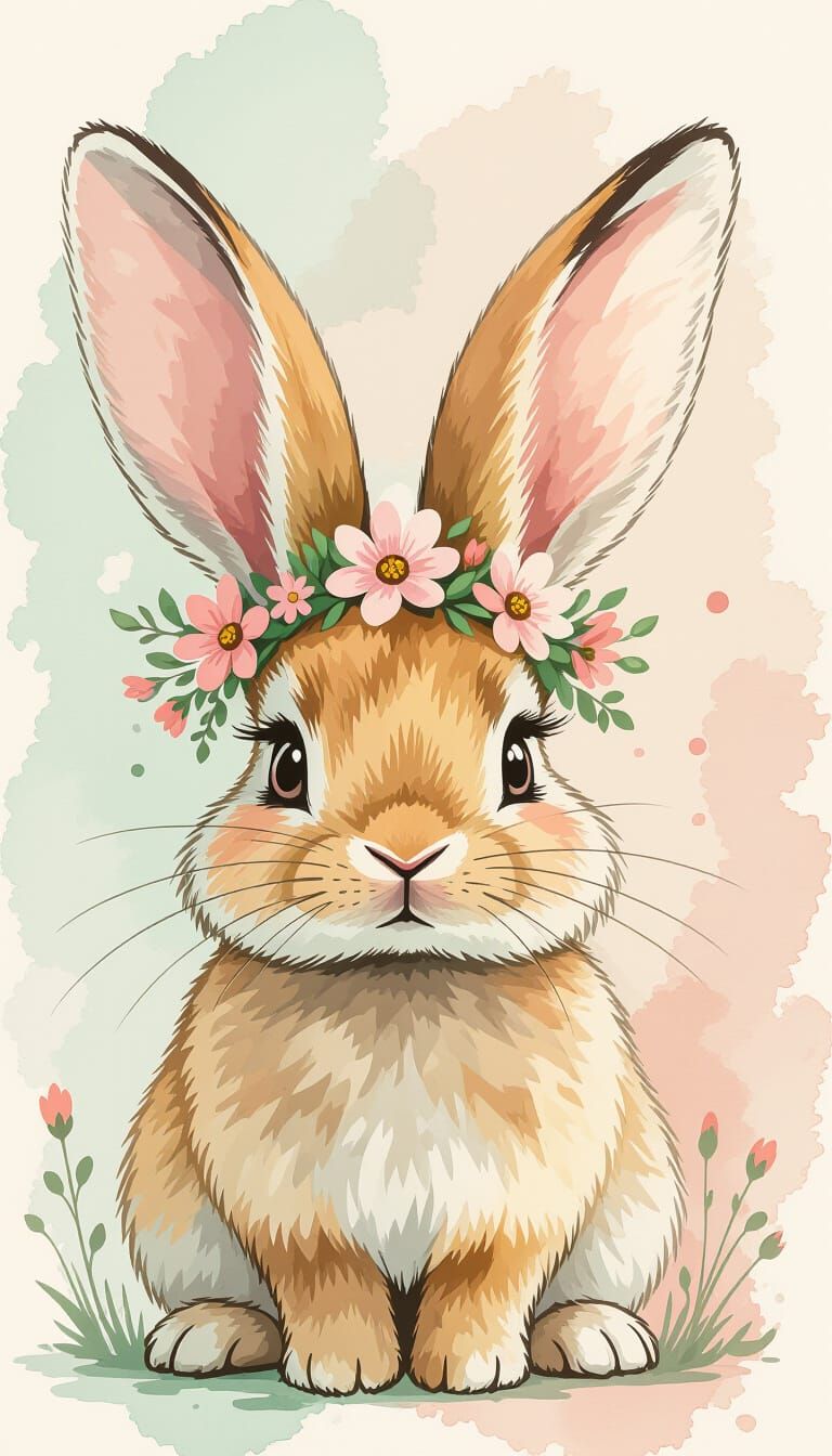 Rabbit with Flower Crown in Watercolor Style