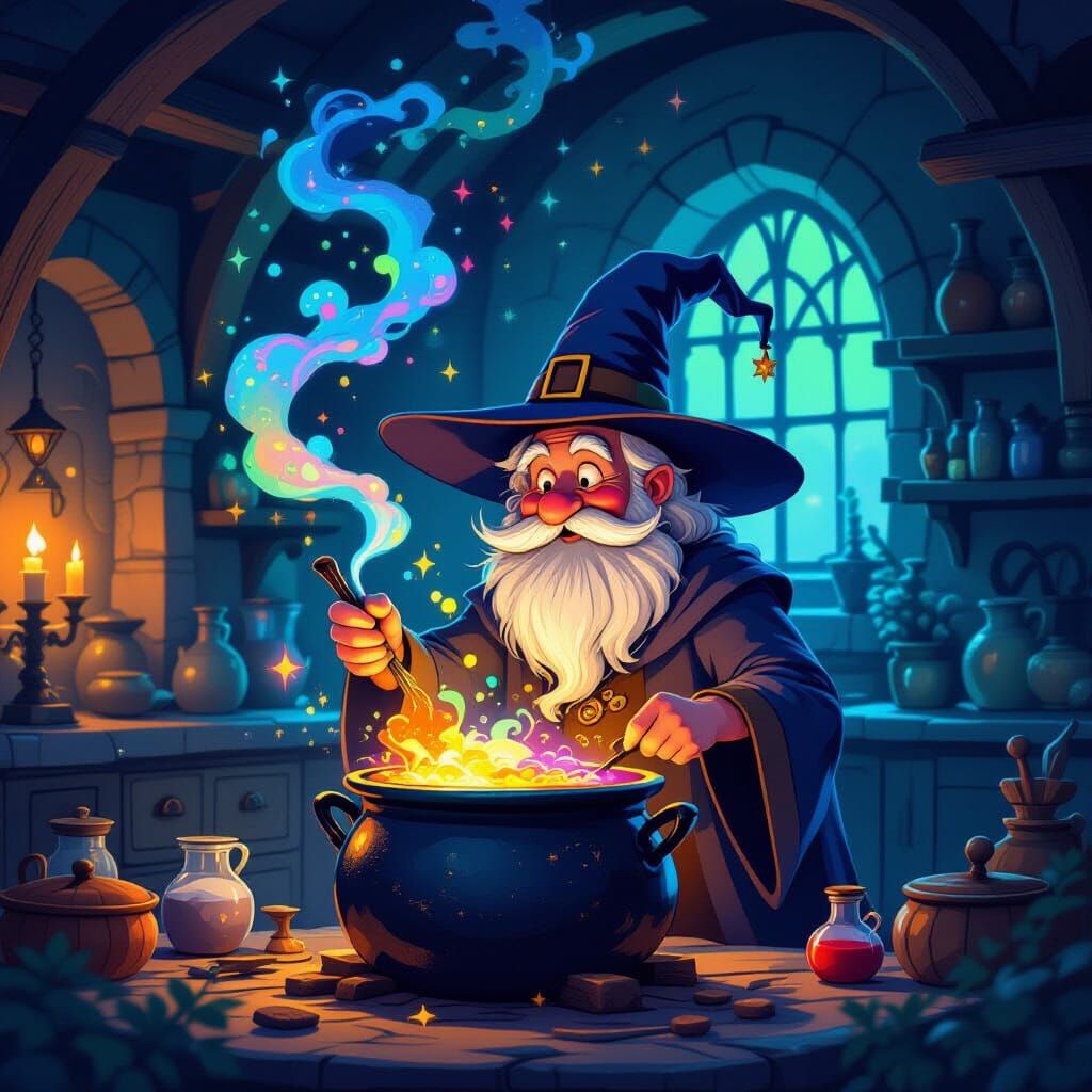 Whimsical Witch Brews Magic in Cozy Kitchen