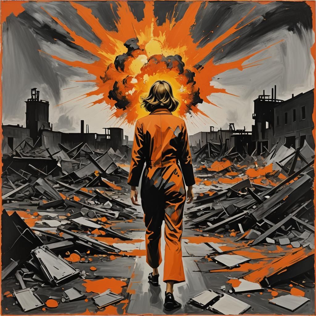 Woman Walks Towards Nuclear Explosion in Abstract Style