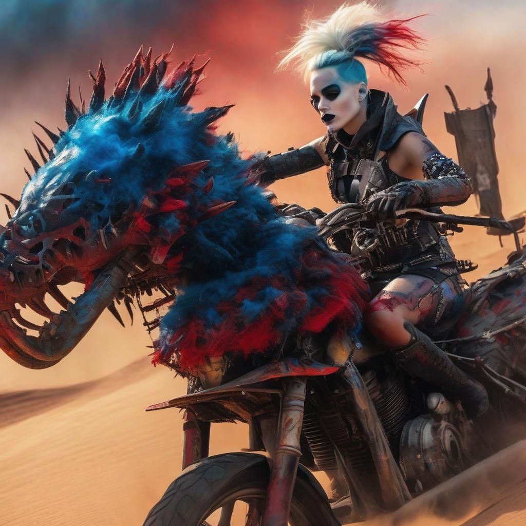 Armored Harley Quinn Rides Beast in Stormy Desert