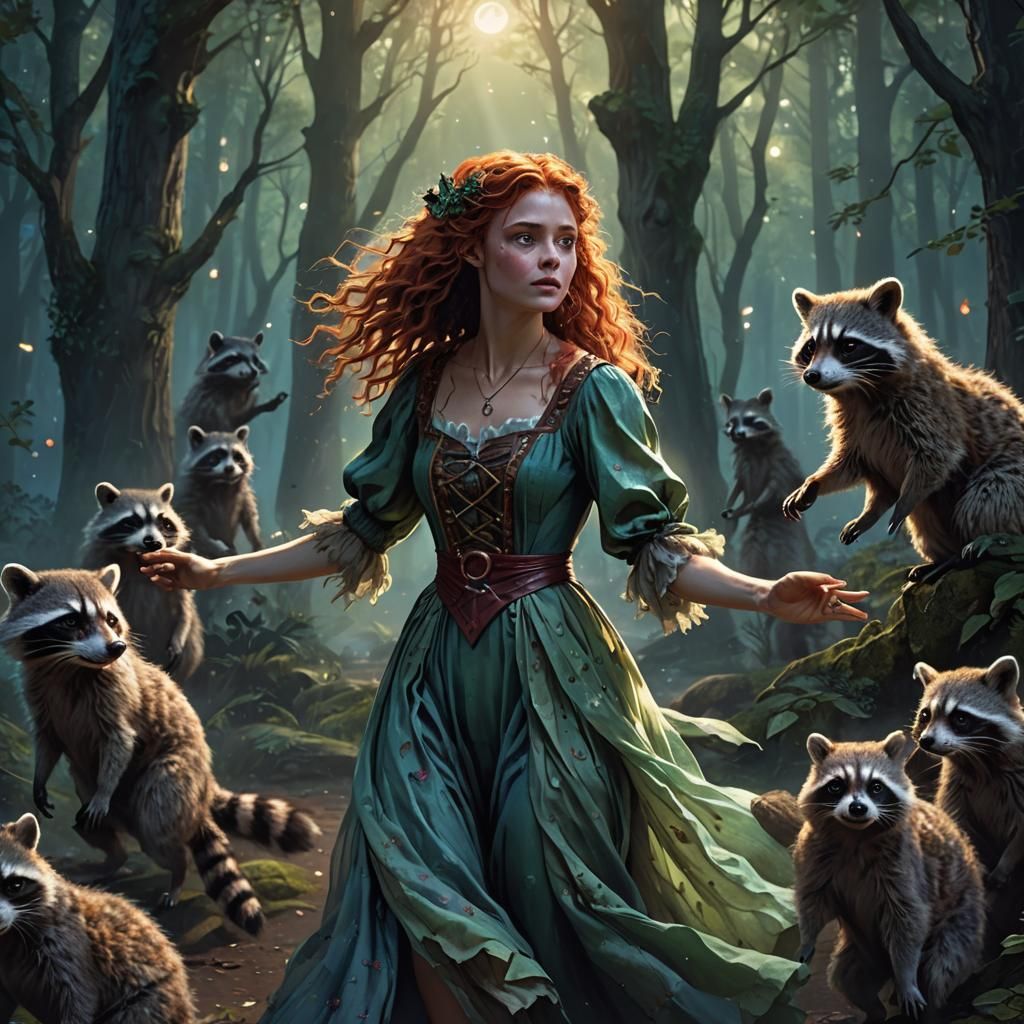Woman Dancing with Raccoons in Moonlit Forest