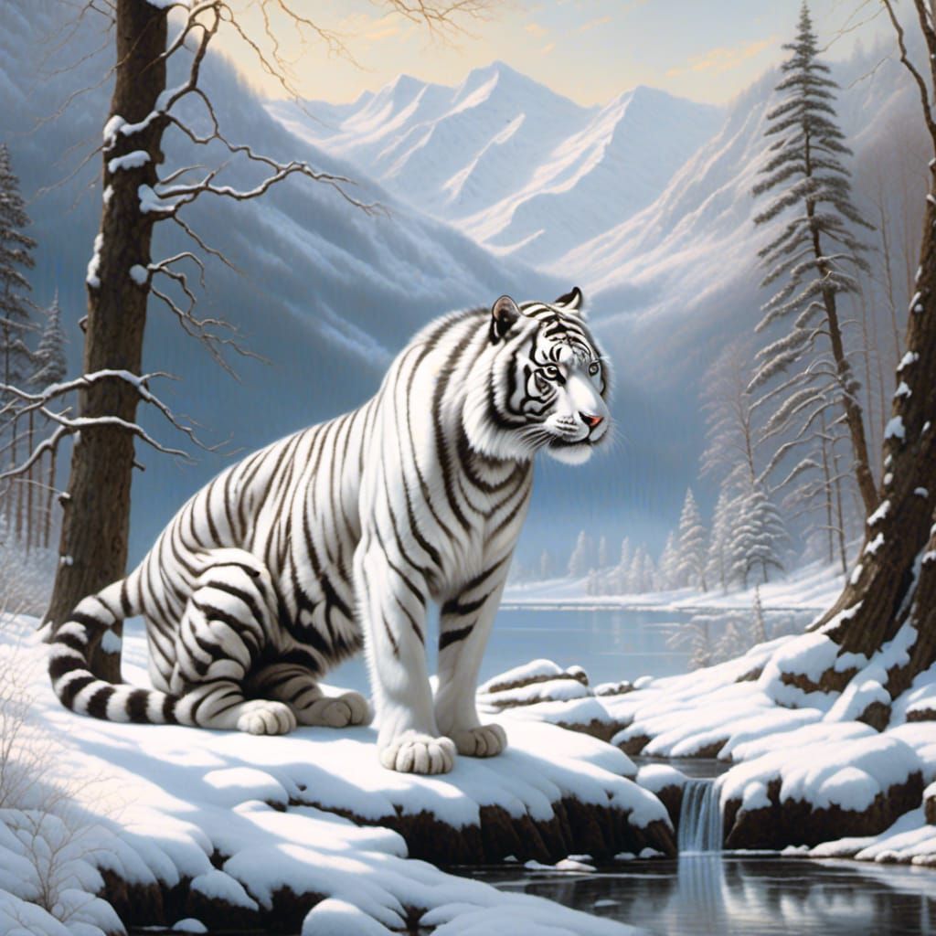 Silver White Tiger in Winter Landscape