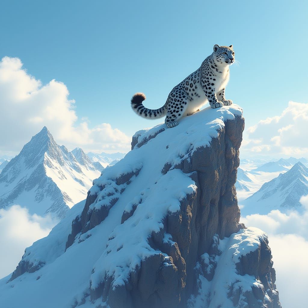 Majestic Snow Leopard on Snow-Capped Mountain Peak in Cyberp...
