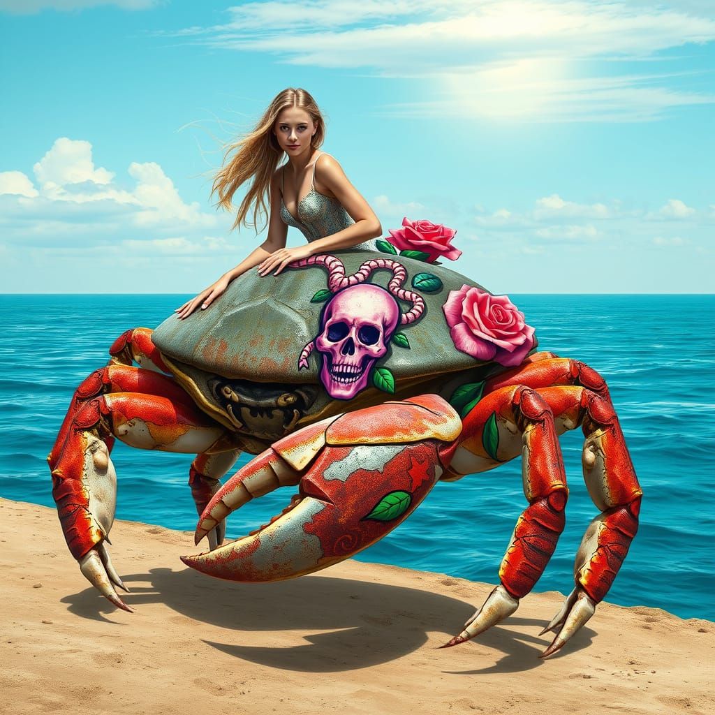 Woman Rides Giant Crab with Graffiti Art